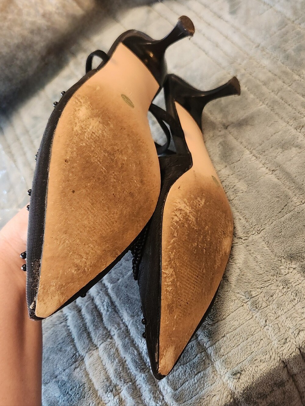Black Mesh Embroidered Beaded Kitten Heel Pointed-Toe Slingback, 11 - Picture 6 of 6